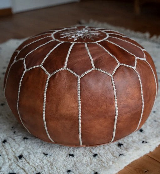 Leather Pouf – Cognac Brown