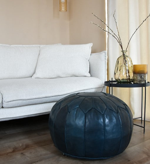 Premium XL Leather Pouf – Dark Blue